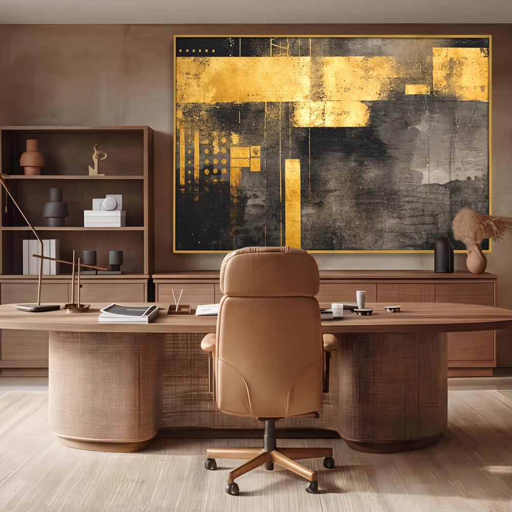 Tablou canvas cu pictura abstracta cu forme geometrice aurii, in rama de aluminiu auriu, pe perete intr-un birou